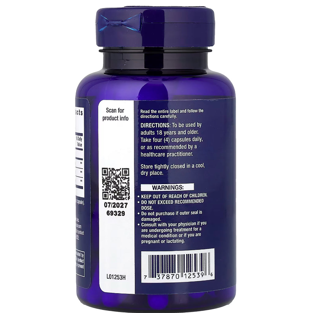 LE100 | back of blue supplement bottle showing directions, warnings, QR code and barcode - Thumbnail
