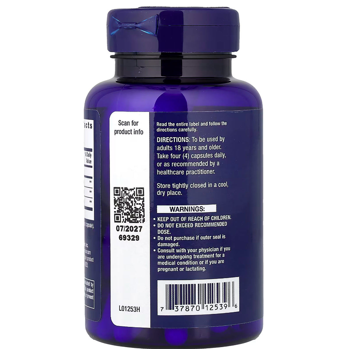 LE100 | back of blue supplement bottle showing directions, warnings, QR code and barcode