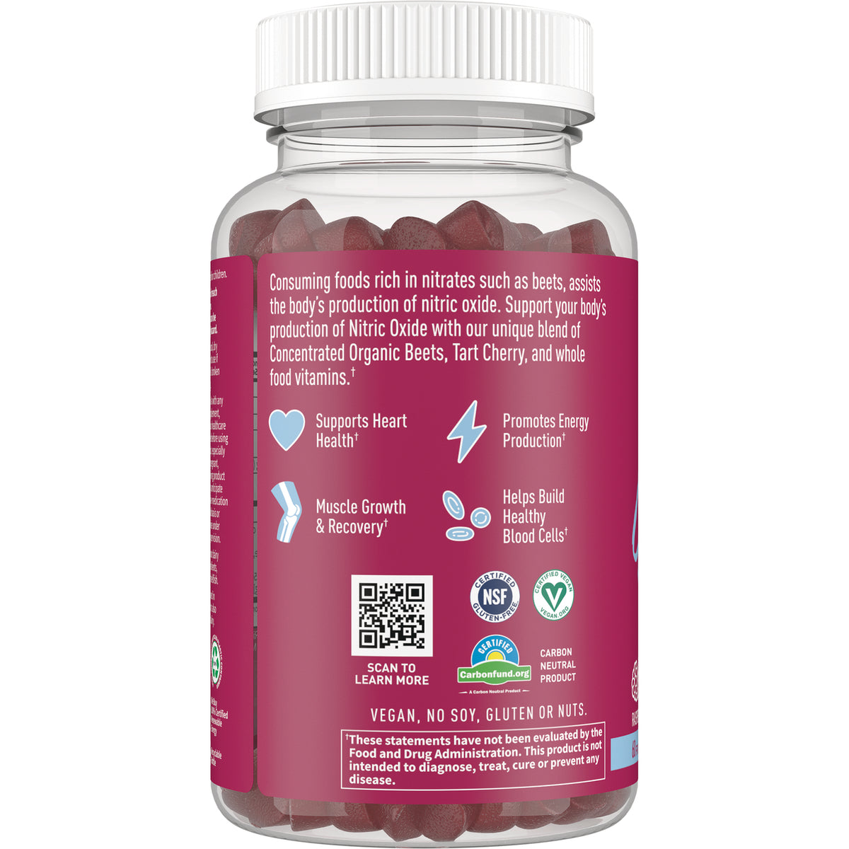 GLF347 | back label of clear bottle showing supplement benefits icons, QR code, vegan and certification logos