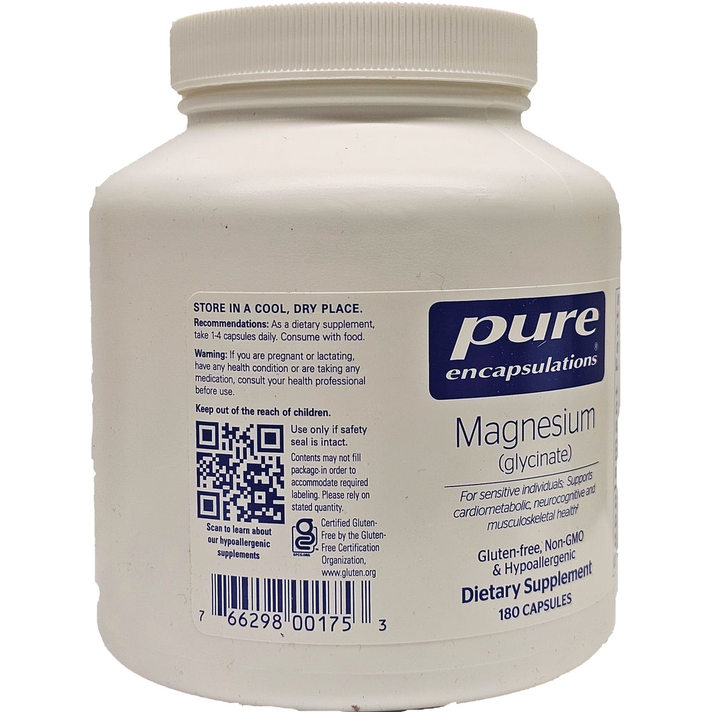 PRN001 | Back label of Pure Encapsulations Magnesium (glycinate) dietary supplement with QR code and barcode, 180 capsules - Thumbnail