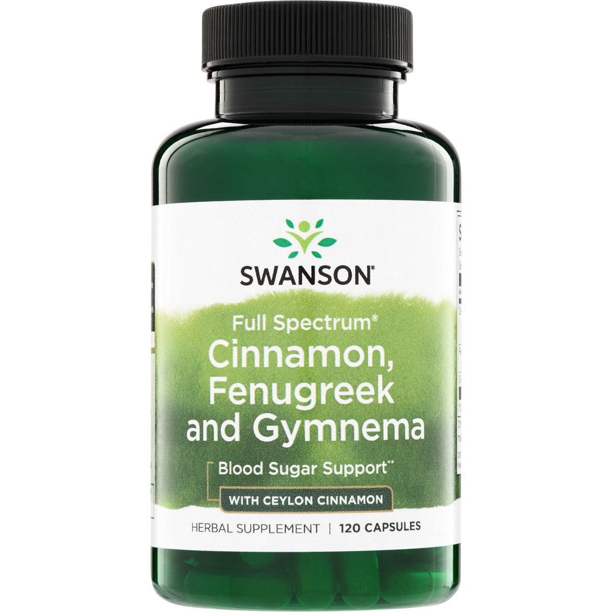SW1753 | Swanson Full Spectrum Cinnamon, Fenugreek and Gymnema supplement bottle front, 120 capsules, with Ceylon cinnamon