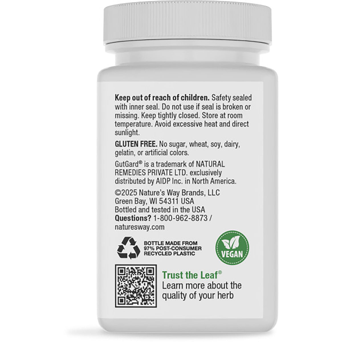 ET074 | Back label of brown supplement bottle reading Soothing Digestive Relief with product details, barcode and recycling symbols