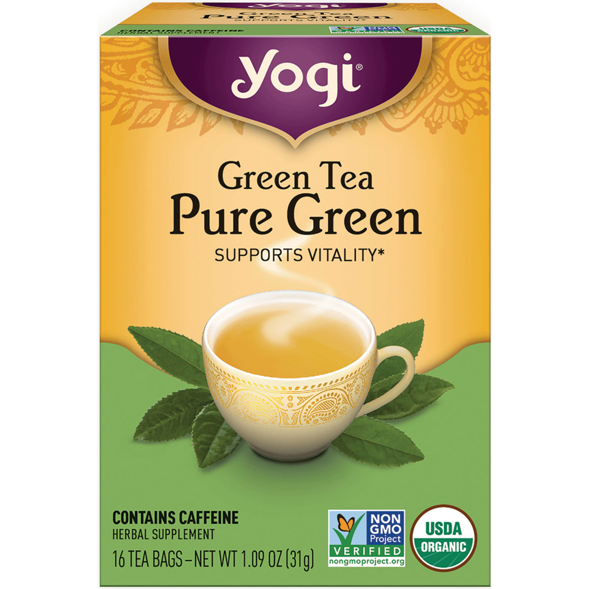 AHW009 | Yogi Green Tea Pure Green tea box, supports vitality, 16 tea bags, Non-GMO Project Verified, USDA Organic
