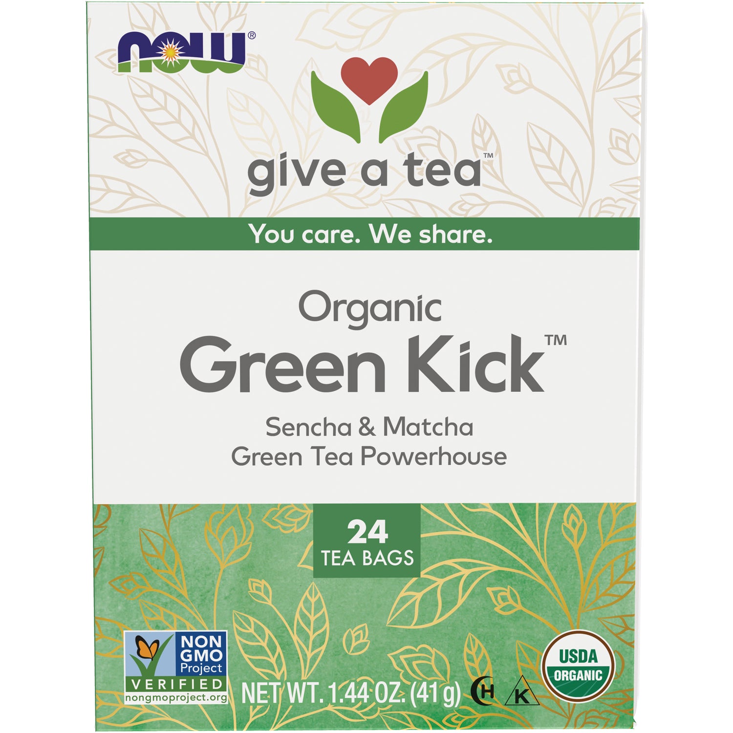NWF1097 | NOW give a tea Organic Green Kick Sencha & Matcha green tea 24 tea bags front of box