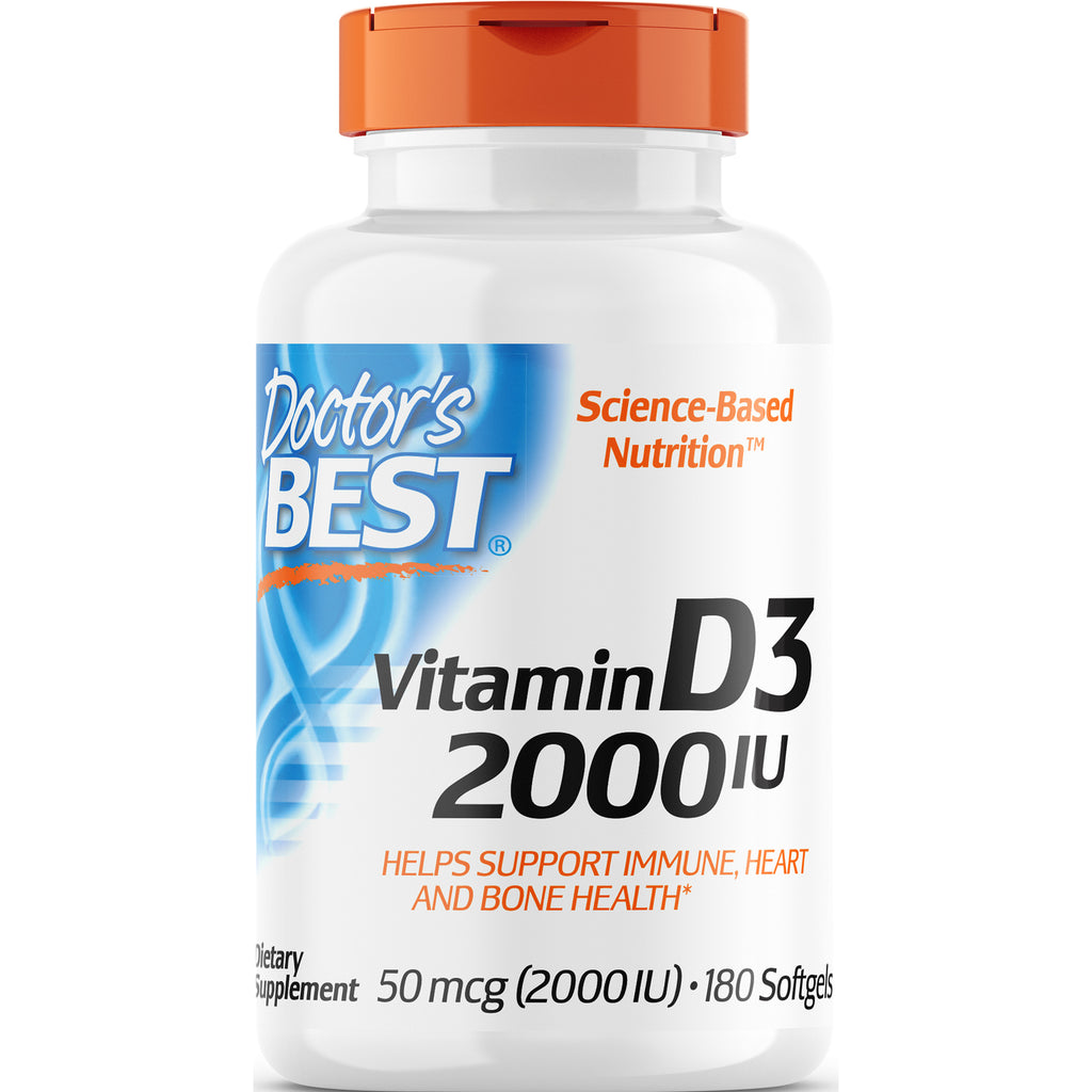 DB148 | Doctor's BEST bottle labeled Vitamin D3 2000 IU, 180 softgels, helps support immune heart and bone health - Thumbnail