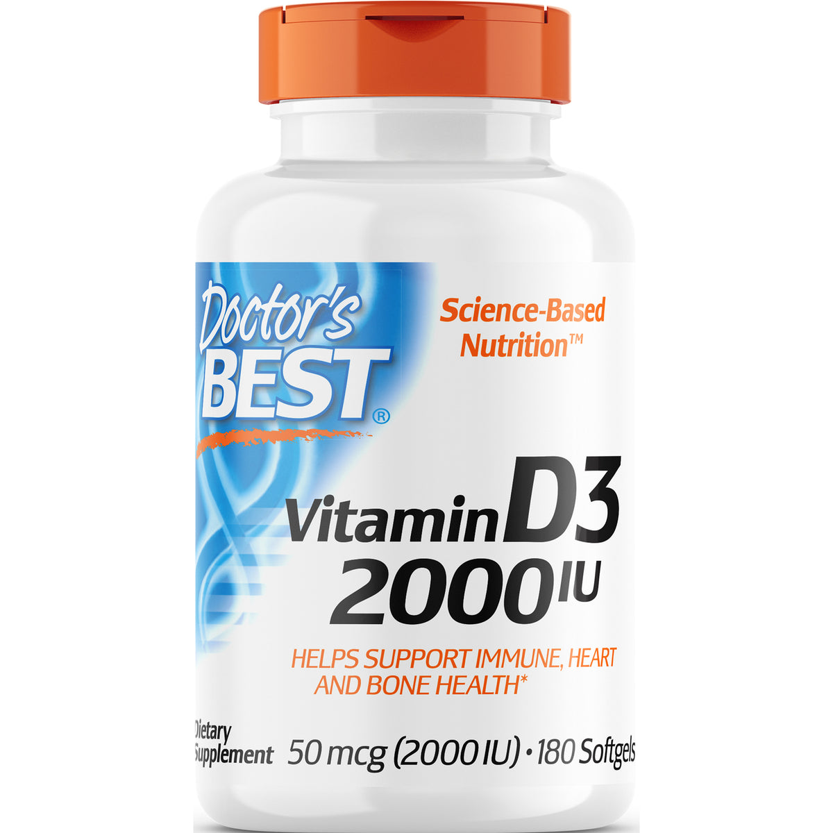 DB148 | Doctor's BEST bottle labeled Vitamin D3 2000 IU, 180 softgels, helps support immune heart and bone health
