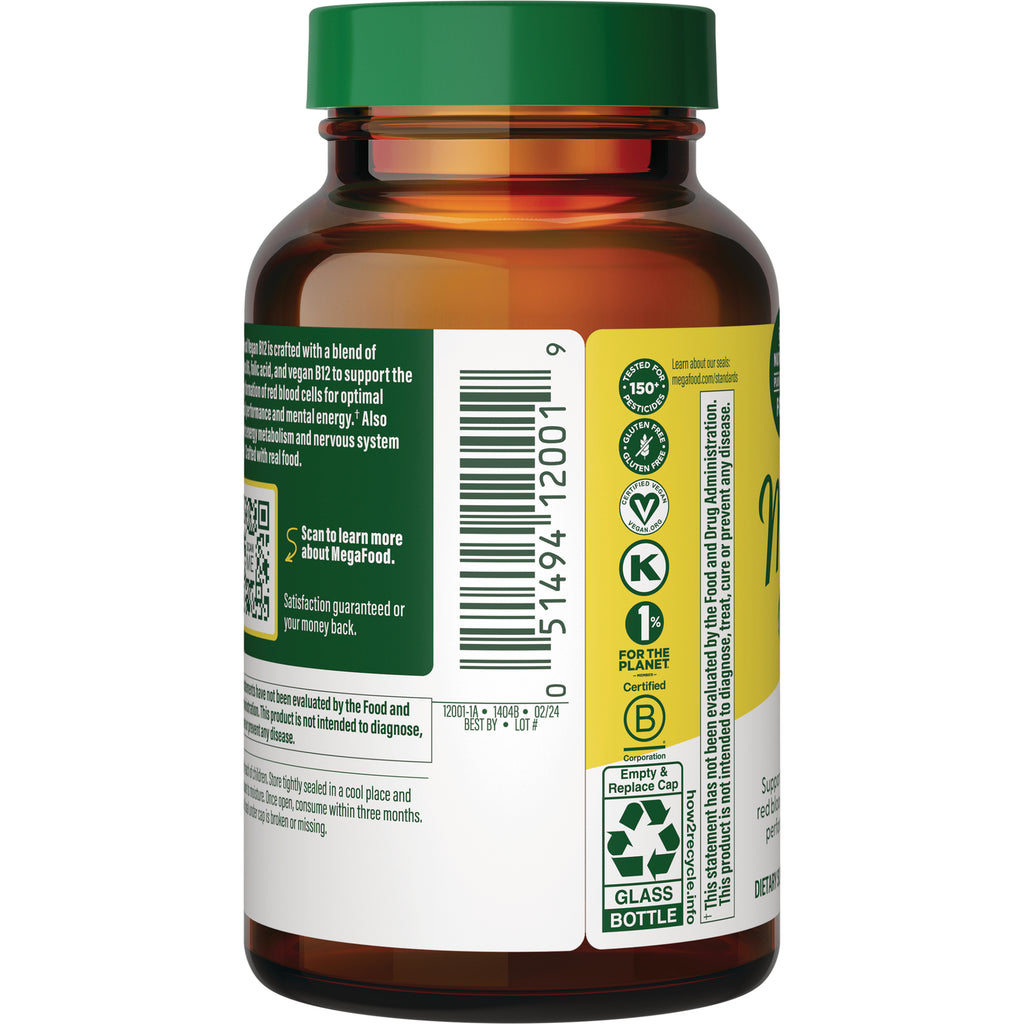 MGF022 | Back of amber supplement bottle showing barcode, certification icons, glass bottle recycle symbol and green cap - Thumbnail