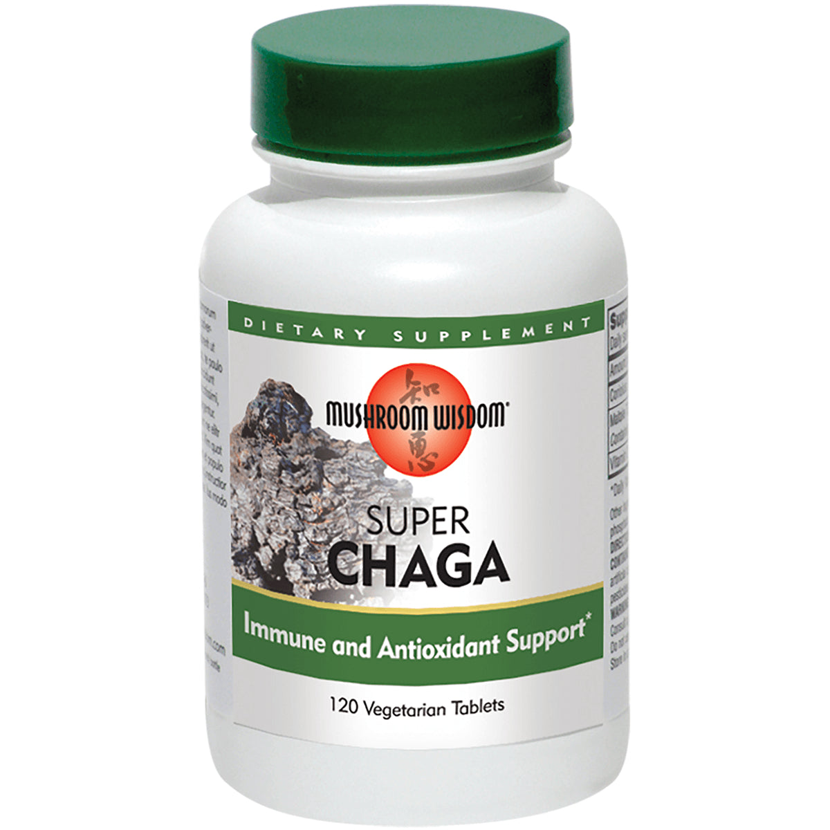 MSH012 | Bottle of Mushroom Wisdom Super Chaga dietary supplement with green cap, label reads Super Chaga and Immune and Antioxidant Support