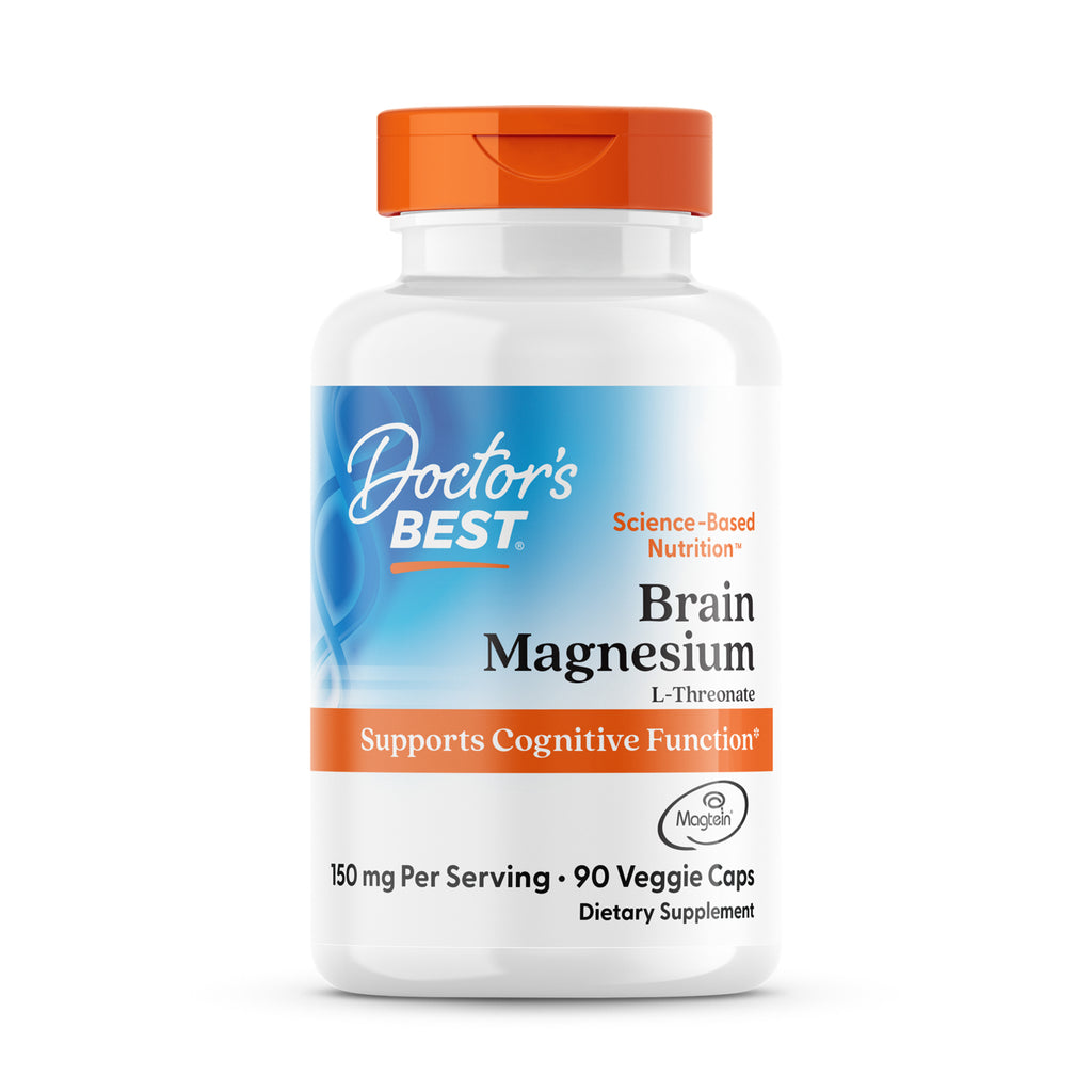 Doctor's BEST Brain Magnesium white supplement bottle with orange cap, 50 mg 90 Veggie Caps label - Thumbnail