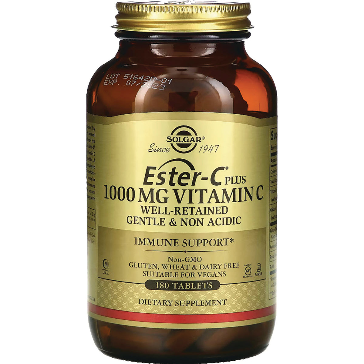 SLG359 | Amber glass bottle of Solgar Ester-C plus 1000 mg Vitamin C, 180 tablets, gold label