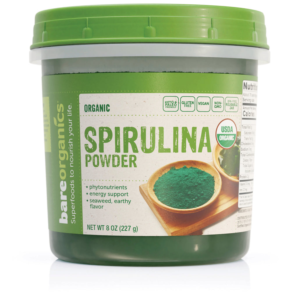 BOR007 | Container of organic spirulina powder labeled SPIRULINA POWDER NET WT 8 OZ (227 g) with green lid - Thumbnail