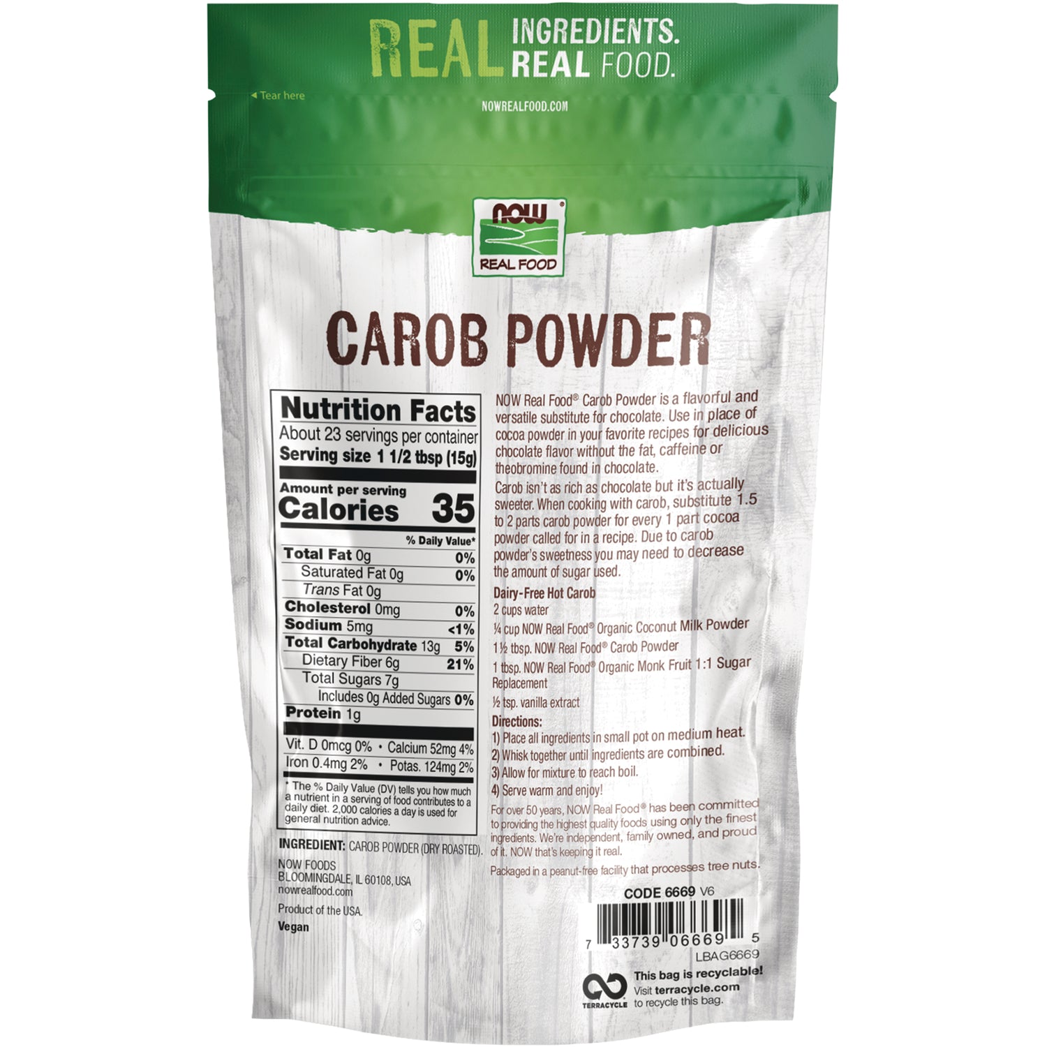 NWF919 | Back of white and green NOW Real Food Carob Powder bag showing Nutrition Facts and usage text