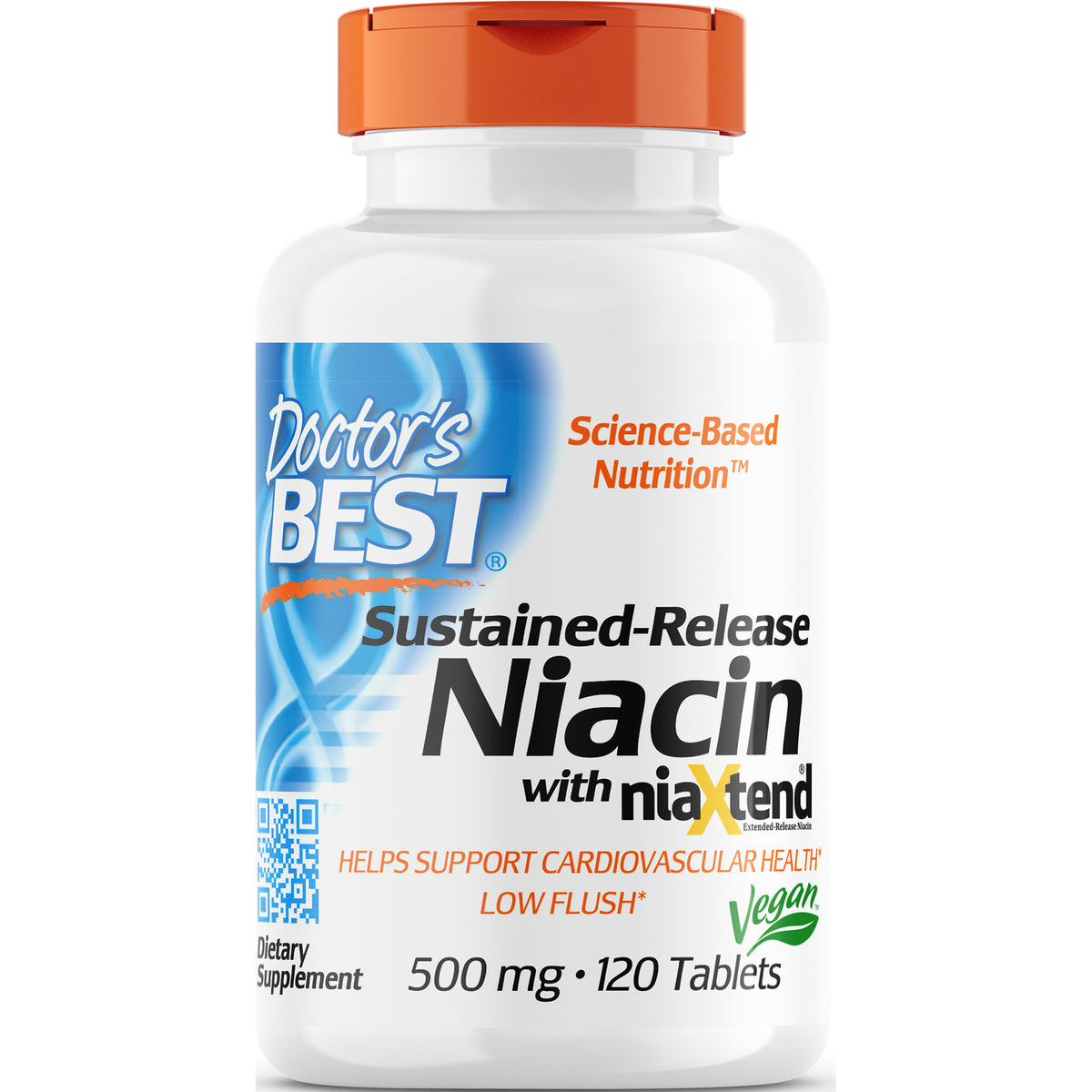 White bottle labeled Doctor's BEST Sustained-Release Niacin with niaXtend, 500 mg, 120 tablets, vegan