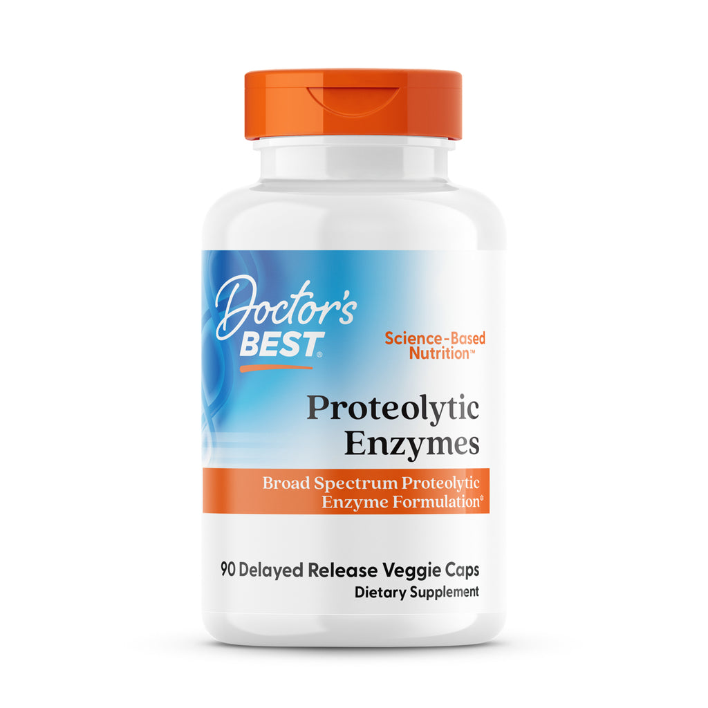 DB090 | White supplement bottle with orange cap labeled Doctor's Best Proteolytic Enzymes 90 delayed release Veggie Caps - Thumbnail
