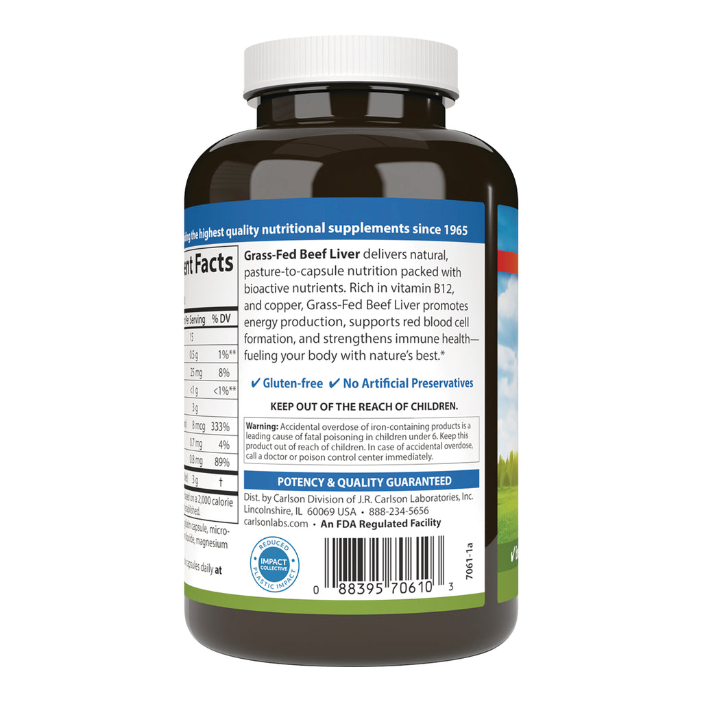 CSN338 | Back label of brown supplement bottle showing Grass-Fed Beef Liver title, gluten-free badge and barcode - Thumbnail