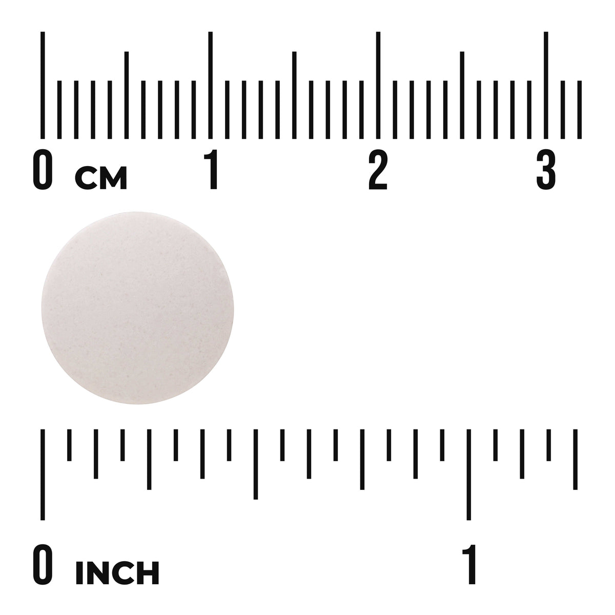 SWU719 | Round white tablet shown with size scale in cm and inches