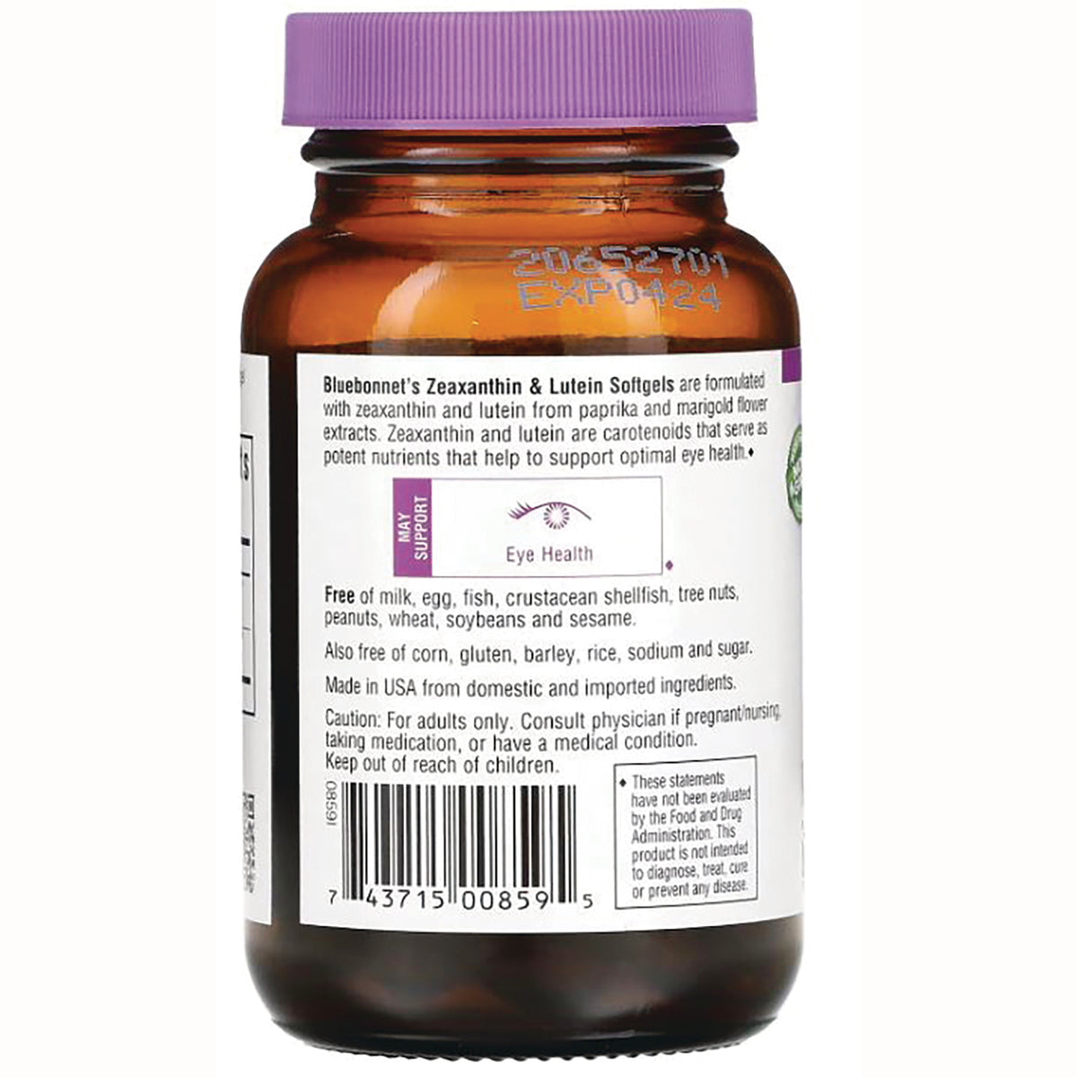 BLU137 | Back of amber supplement bottle showing label with Eye Health logo, allergen and ingredient info and barcode