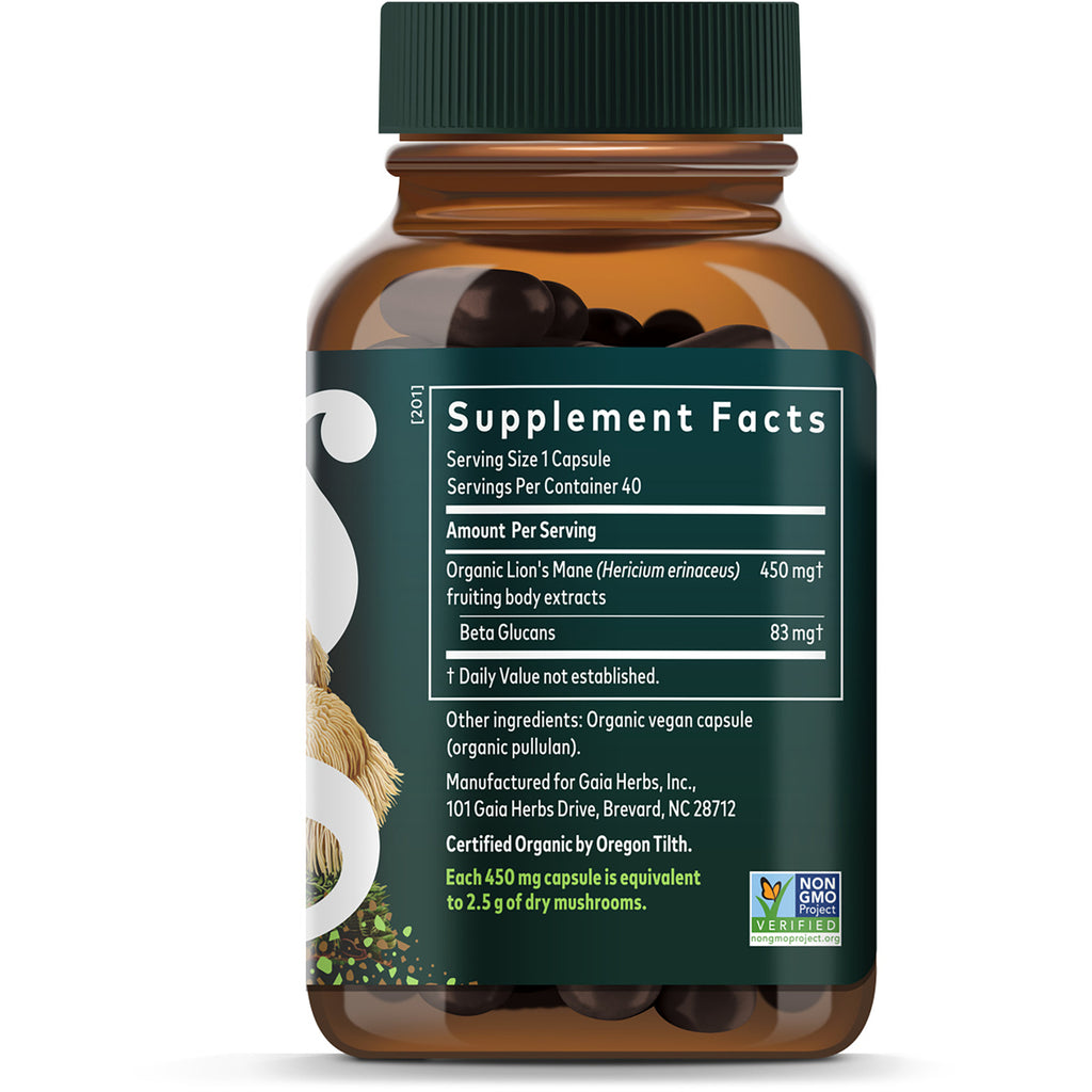 GH148 | back panel with Supplement Facts, suggested use, and warnings for lion's mane capsule - Thumbnail