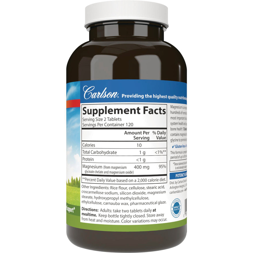 CSN315 | Back of Carlson supplement bottle showing Supplement Facts label and Magnesium 400 mg nutrition panel - Thumbnail