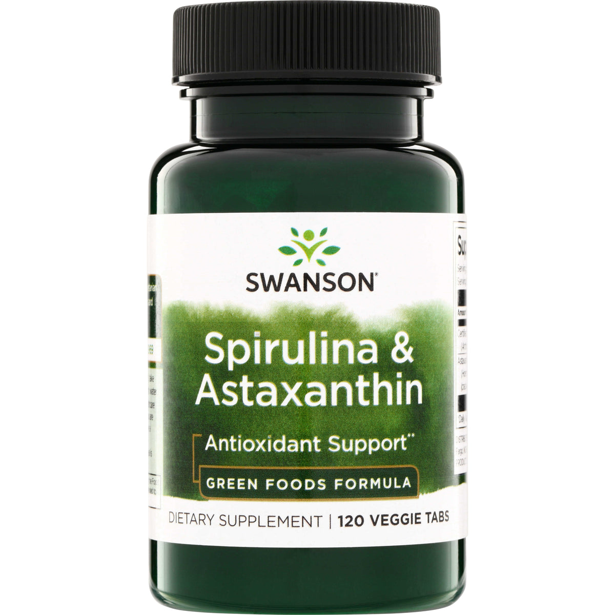 SWR072 | Swanson Spirulina & Astaxanthin supplement bottle, Antioxidant Support*, Green Foods Formula, 120 veggie tabs