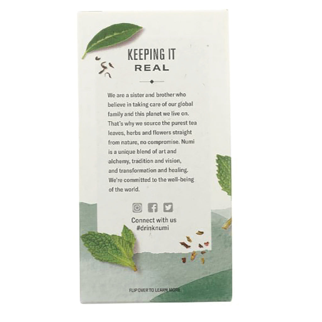 NUM009 | tea box product infographic showing brand story KEEPING IT REAL, mint leaves and social icons - Thumbnail