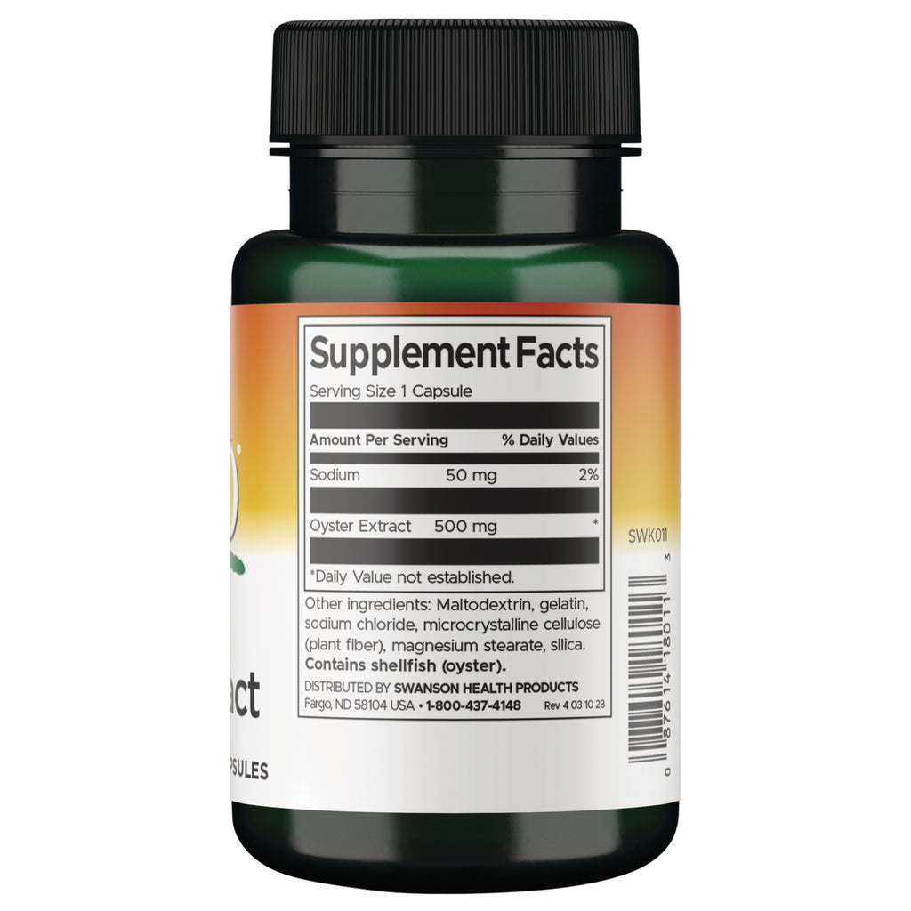 SWK011 | Back bottle with Supplement Facts showing Sodium 50 mg and Oyster Extract 500 mg; contains shellfish - Thumbnail