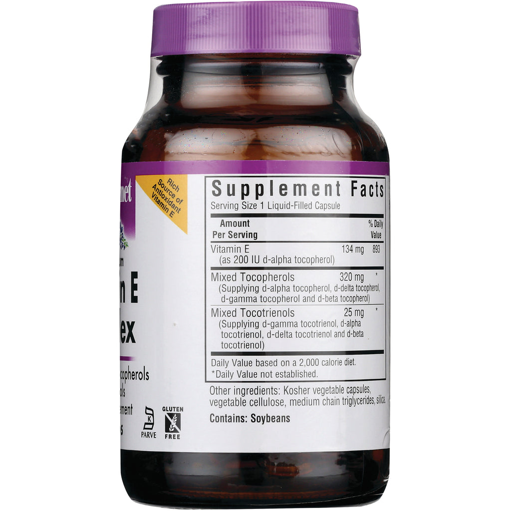 BLU130 | Back of brown supplement bottle with purple cap showing Supplement Facts panel and contains Soybeans - Thumbnail