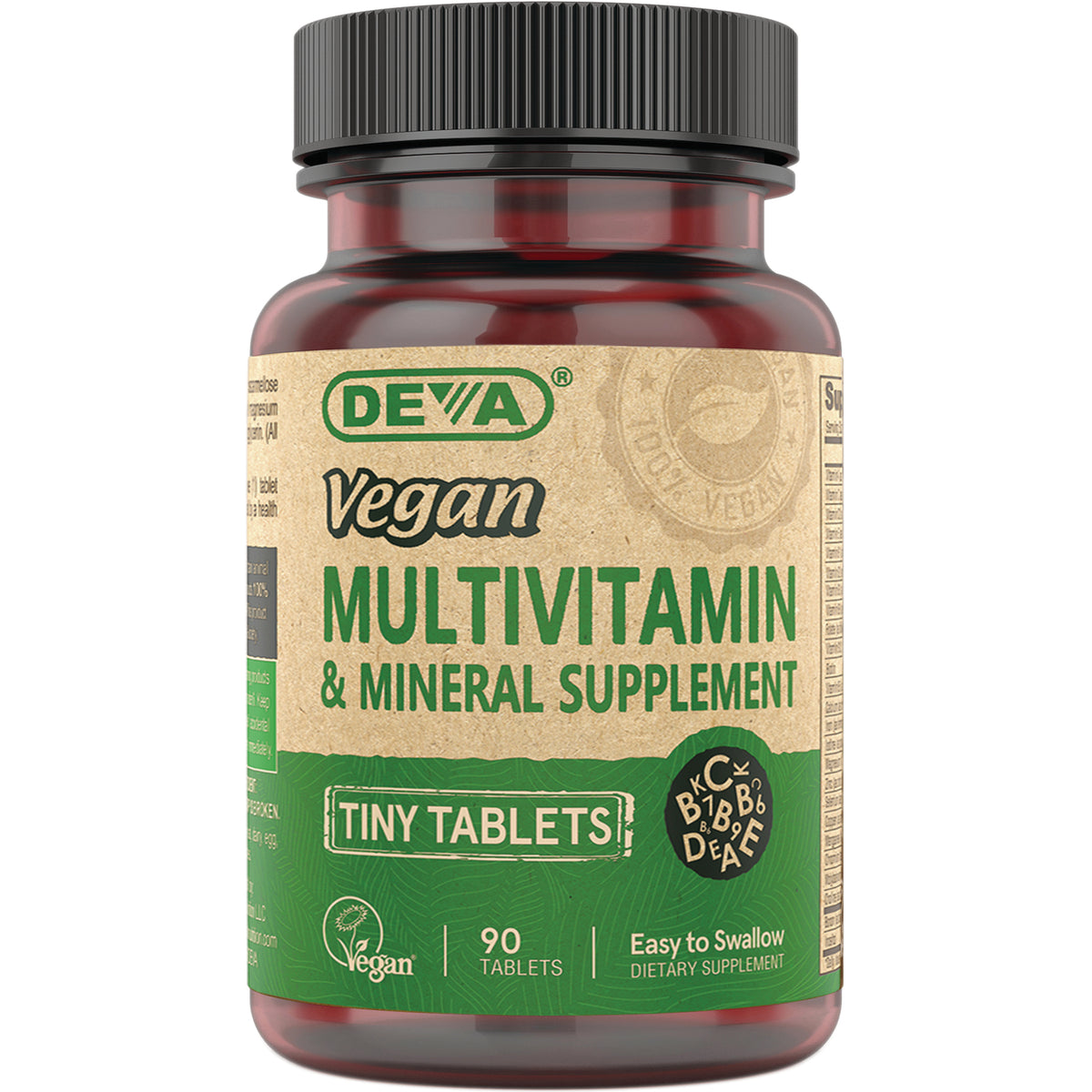 DEV024 | DEVA Vegan multivitamin & mineral supplement bottle labeled Tiny Tablets, 90 tablets