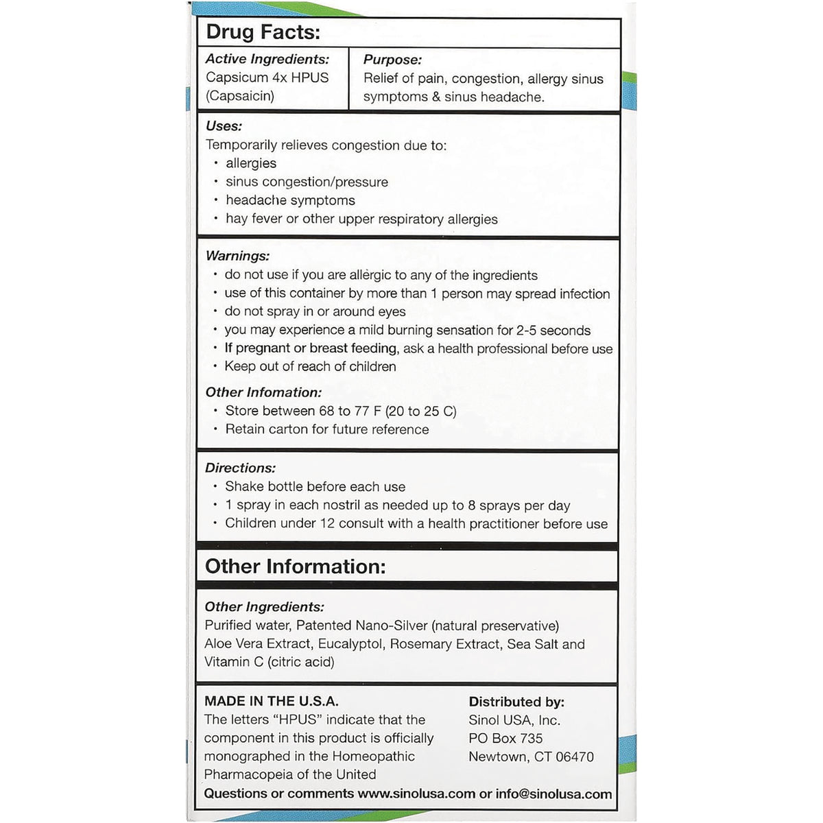 SNL004 | Drug Facts label listing capsicum 4X HPUS, purpose for sinus relief, uses, warnings, directions, and other ingredients
