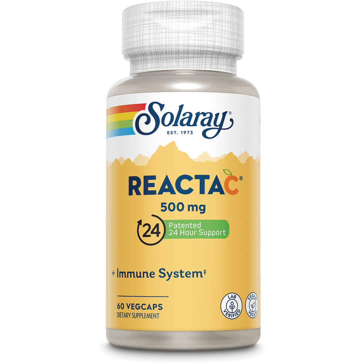 SLR398 | Solaray ReactaC 500 mg supplement bottle front, Patented 24 Hour Support, Immune System, 60 vegcaps