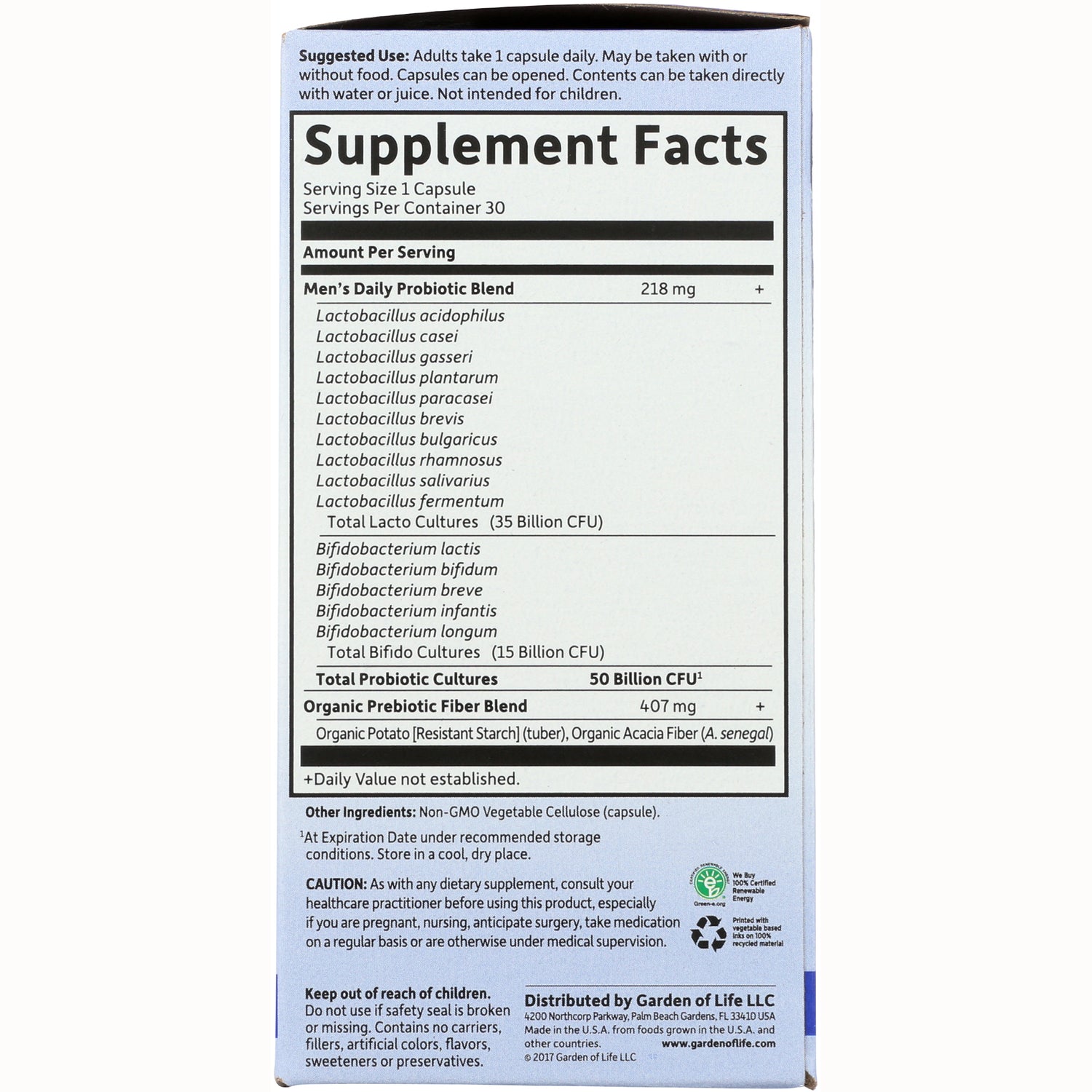 GLF201 | Supplement Facts panel showing probiotic strains, serving size, total probiotic cultures and other ingredients