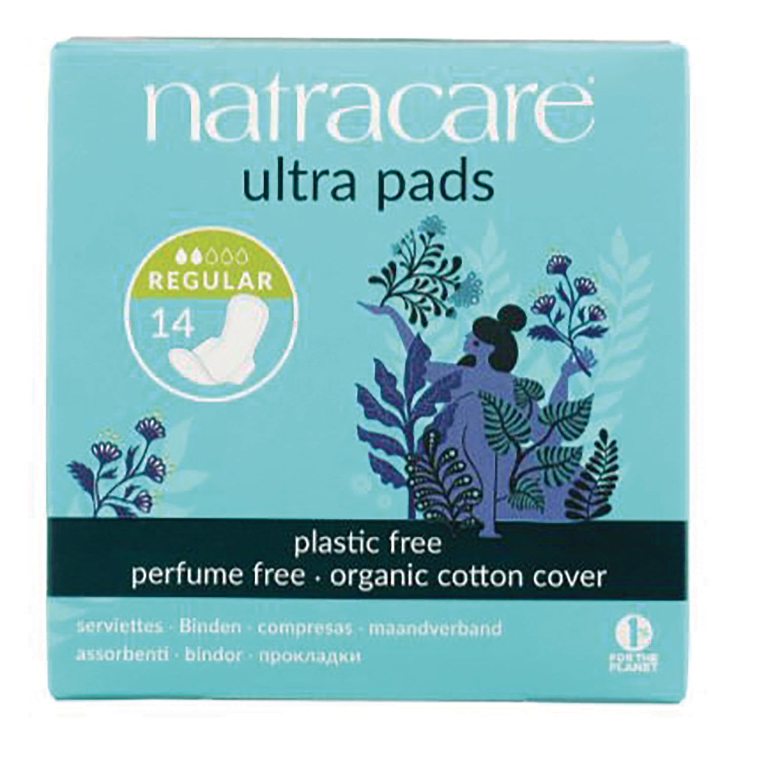 NCR008 | Natracare ultra pads box, regular 14, turquoise packaging labeled plastic free perfume free organic cotton cover