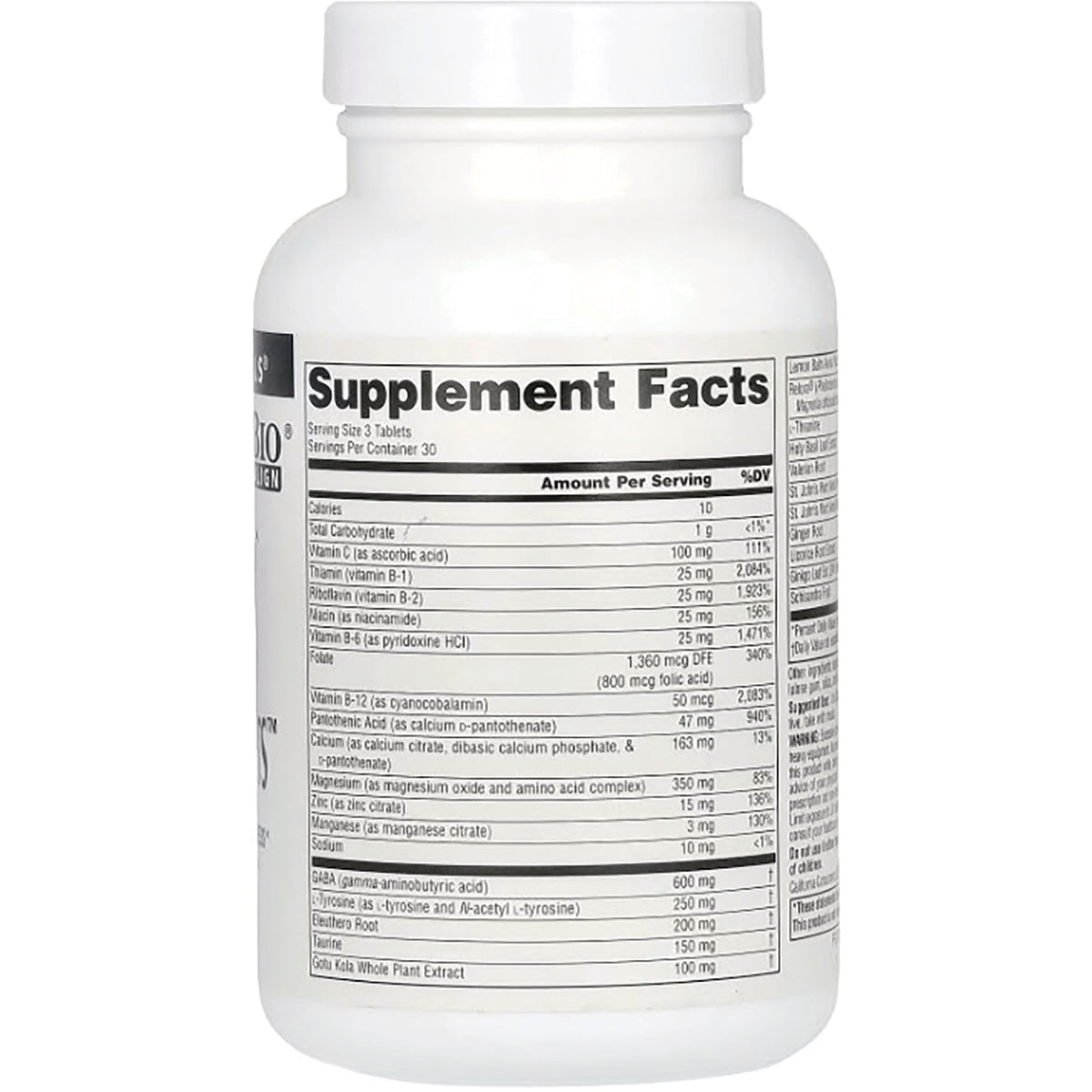 SN283 | Back label showing Supplement Facts panel on supplement bottle