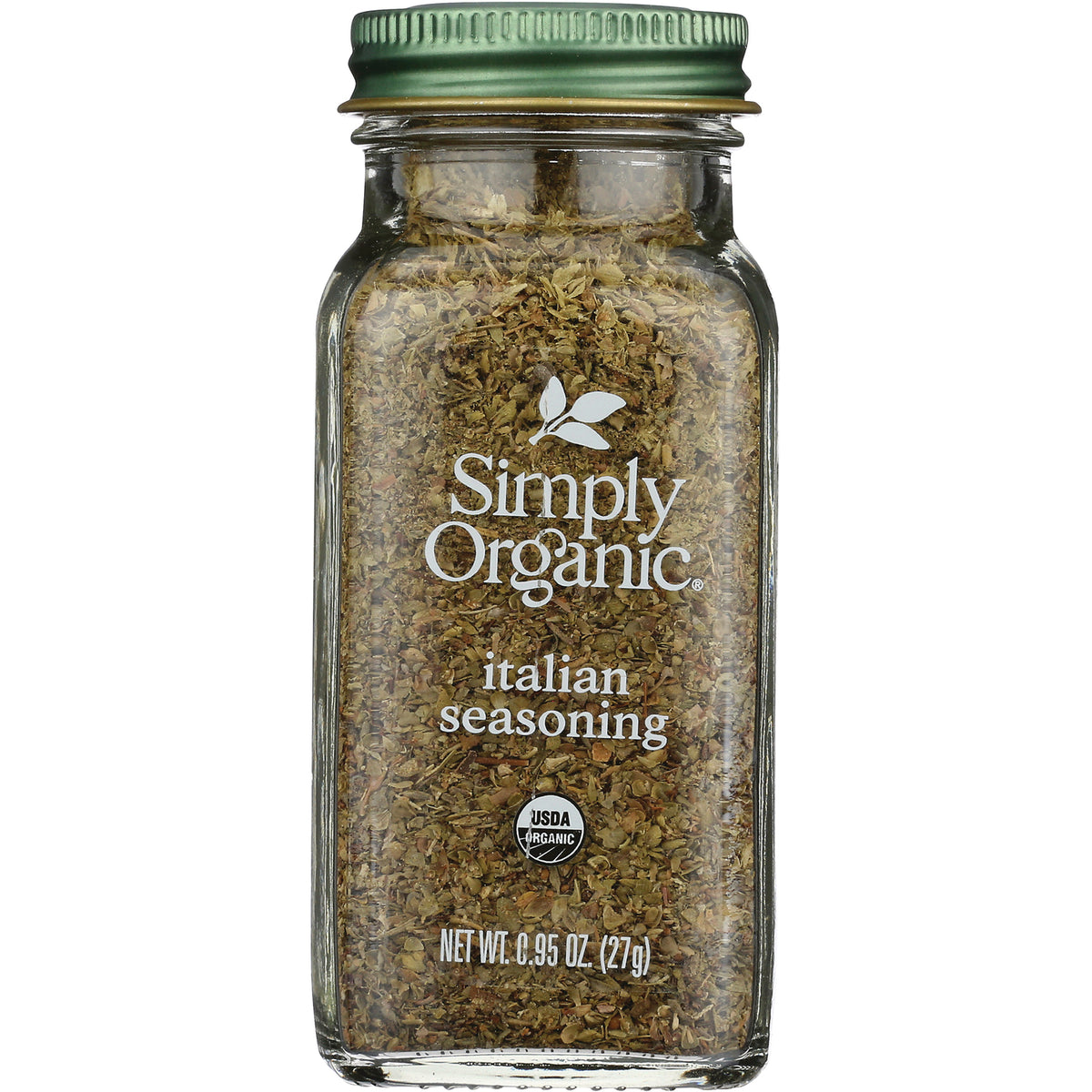 SMP029 | Simply Organic italian seasoning in clear glass jar with green lid, visible label and net wt 0.95 oz (27 g)