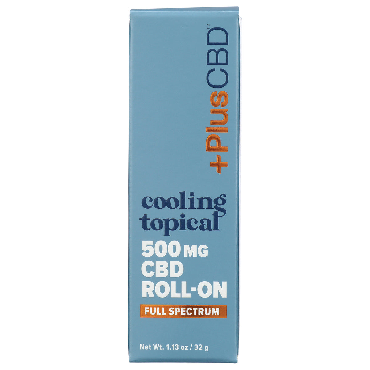 CV015 | teal vertical box labeled +PLUS CBD cooling topical 500 MG CBD roll-on full spectrum, front packaging, net wt 1.13 oz