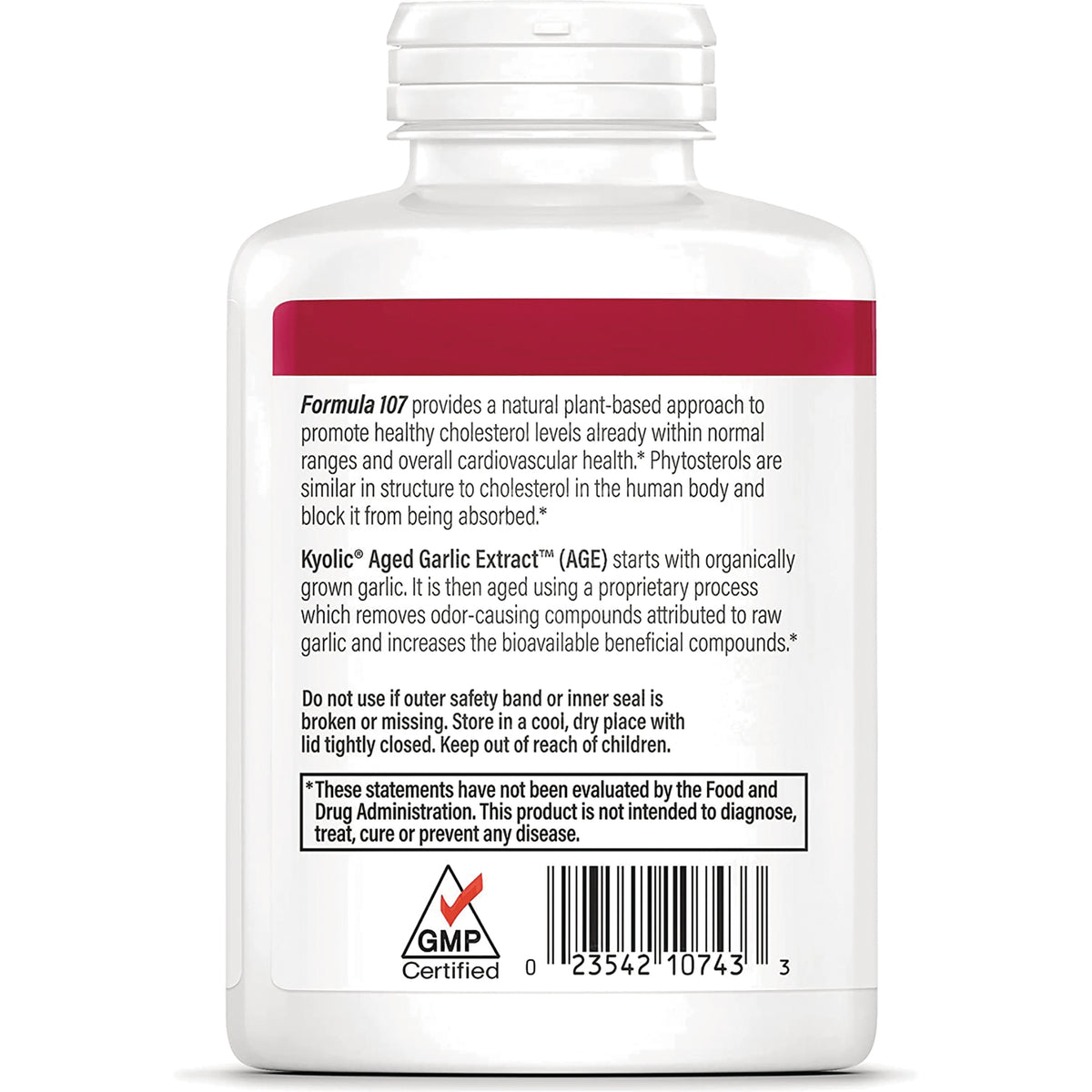 KY123 | back label of white supplement bottle showing product description, usage warnings, barcode and GMP logo