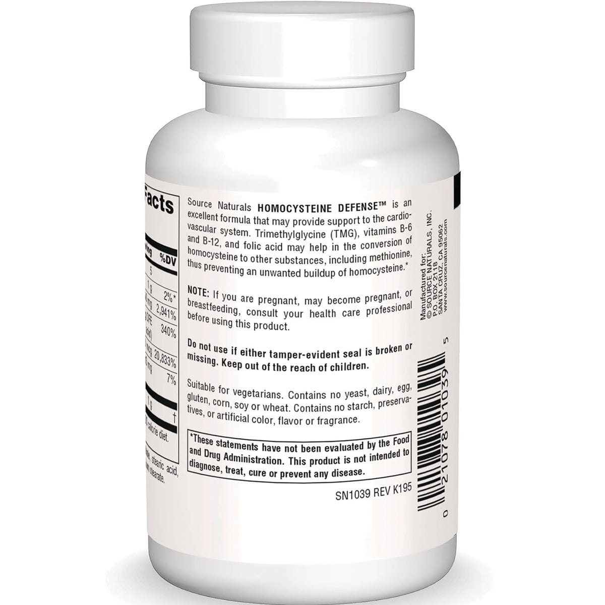 SN343 | Source Naturals Homocysteine Defense supplement bottle back label with directions, warnings, and barcode
