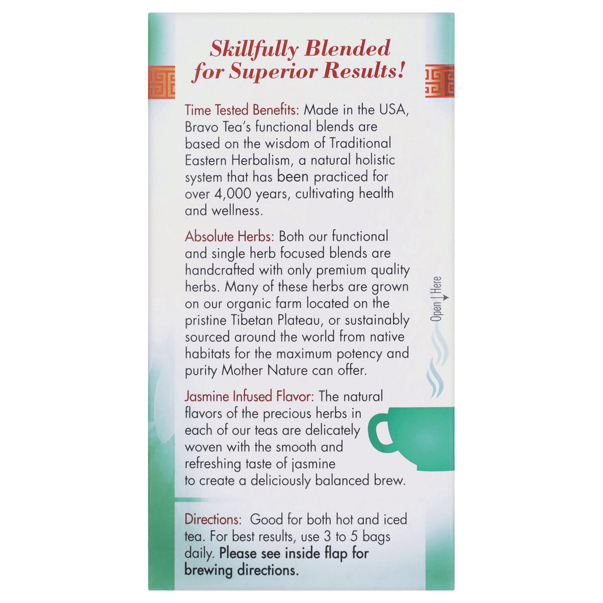 BVT005 | product infographic panel reading Skillfully Blended for Superior Results with benefits, herbs, jasmine flavor and brewing directions