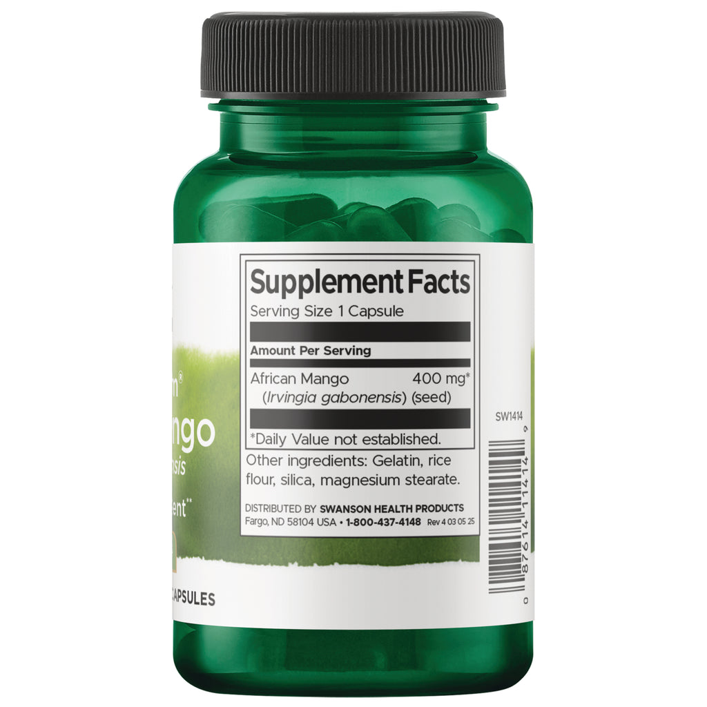 SW1414 | Back label with Supplement Facts for African Mango 400 mg and ingredients on green bottle - Thumbnail