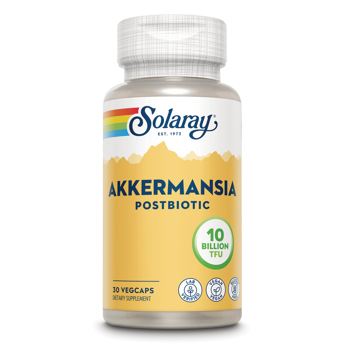 SLR541 | Solaray Akkermansia postbiotic bottle front-facing, 30 vegcaps, 10 billion TFU on white background