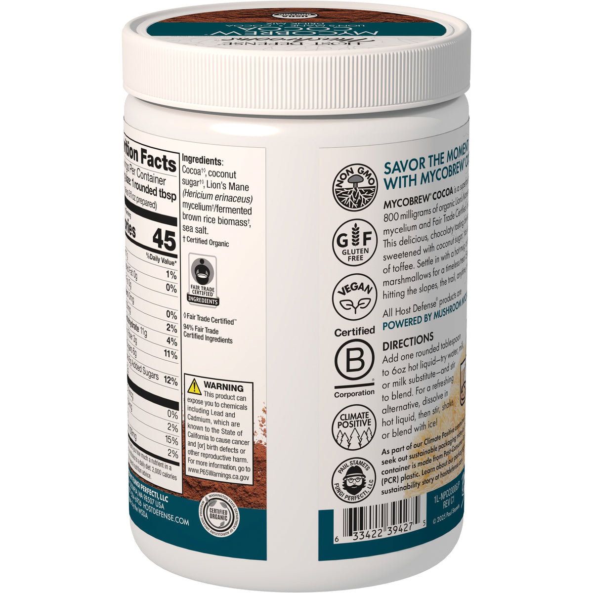 FUN017 | product infographic back label with directions text, mug icon, shredded mushroom and cocoa powder, barcode and USDA Organic badge