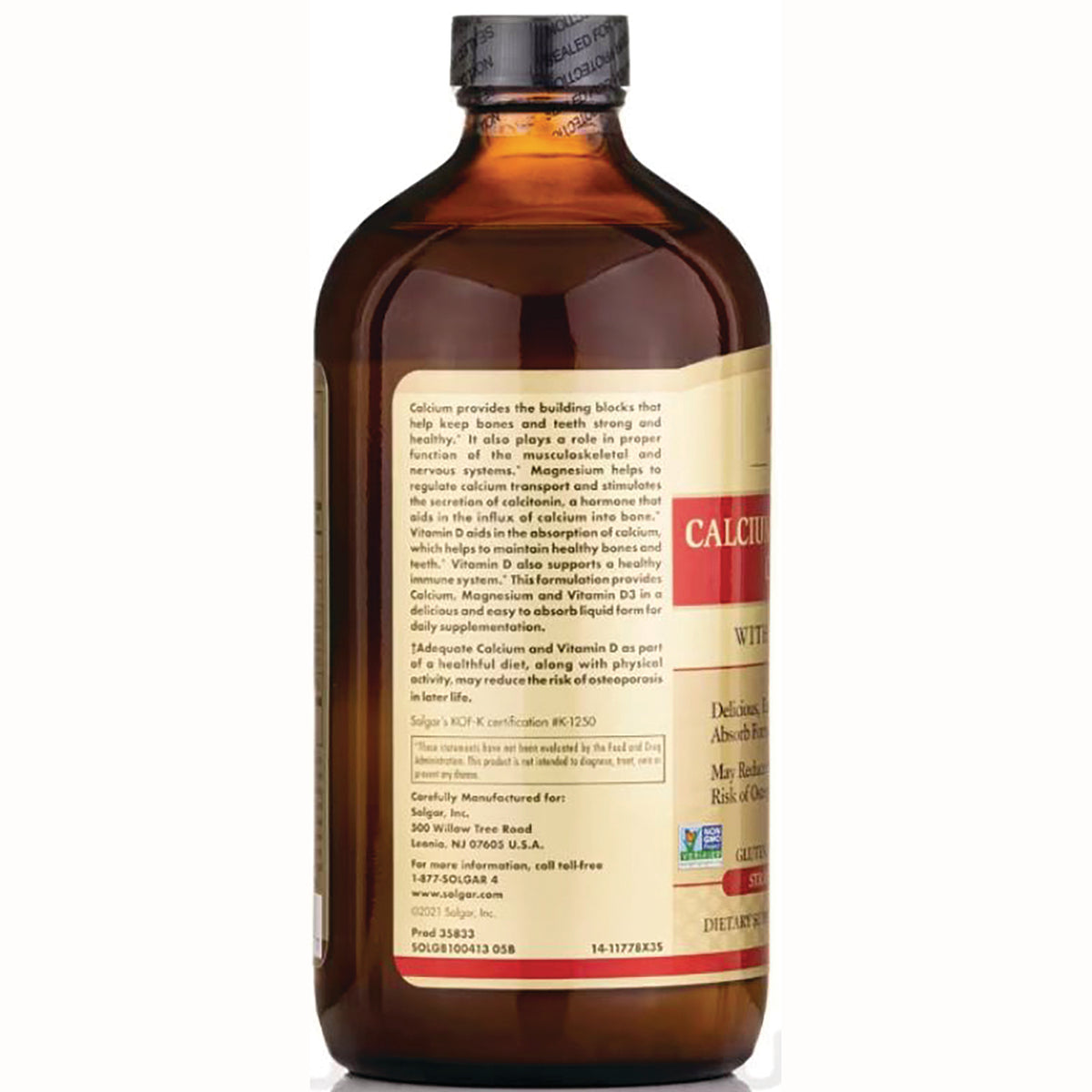 Brown glass supplement bottle back label showing ingredients, directions, and partial CALCIUM branding