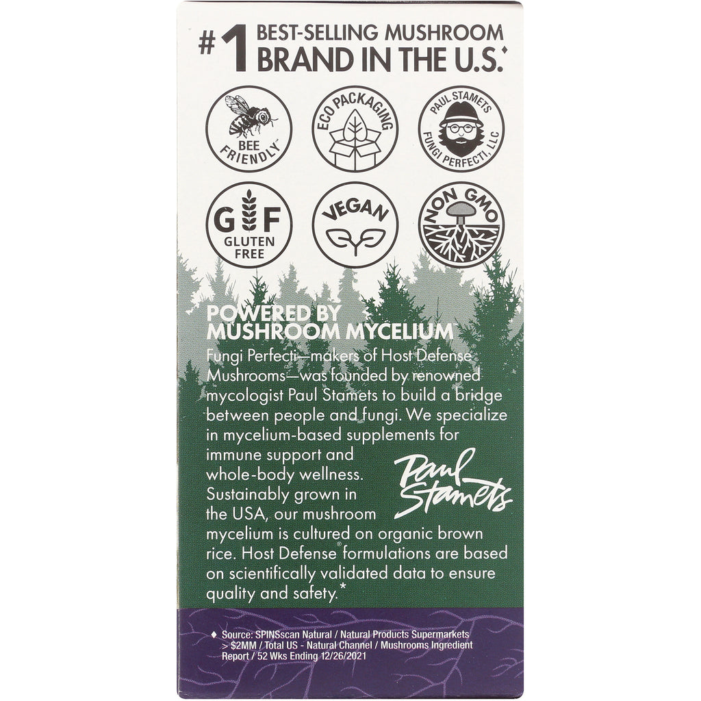 FUN025 | Back panel showing certification icons and text Powered by mushroom mycelium and a paragraph about Paul Stamets and mycelium supplements - Thumbnail