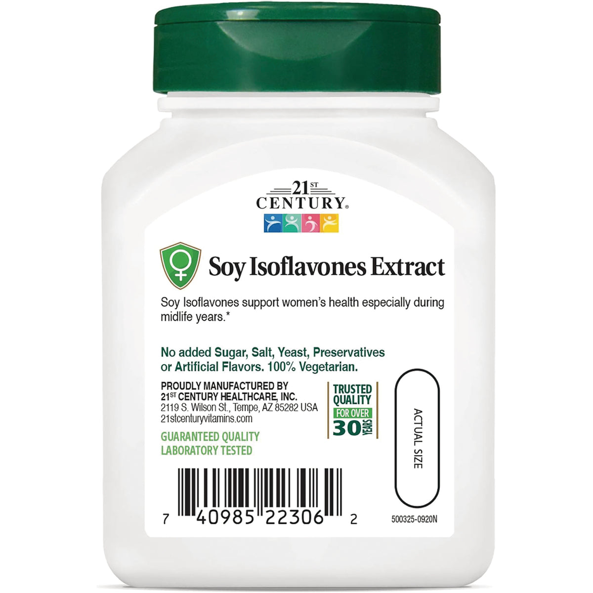 CNT154 | Soy Isoflavones Extract product infographic label showing supplement name benefits vegetarian claim barcode and actual size graphic