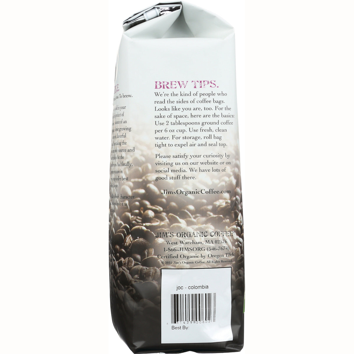 JOC001 | back of coffee bag showing brew tips, coffee beans background and barcode labeled joc - colombia