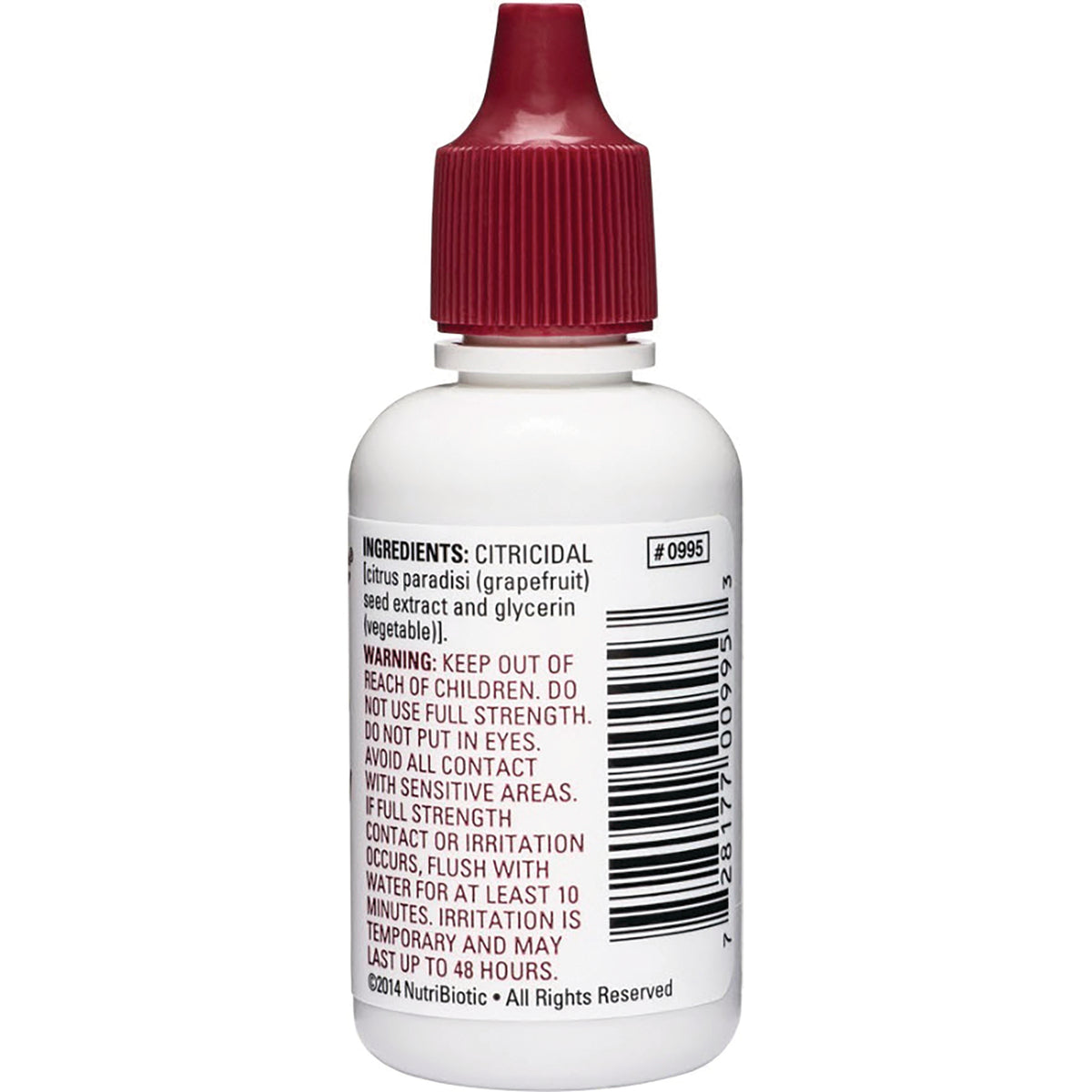 NUB016 | Back of white dropper bottle with red cap showing ingredients label reading INGREDIENTS: CITRICIDAL, warning text and barcode
