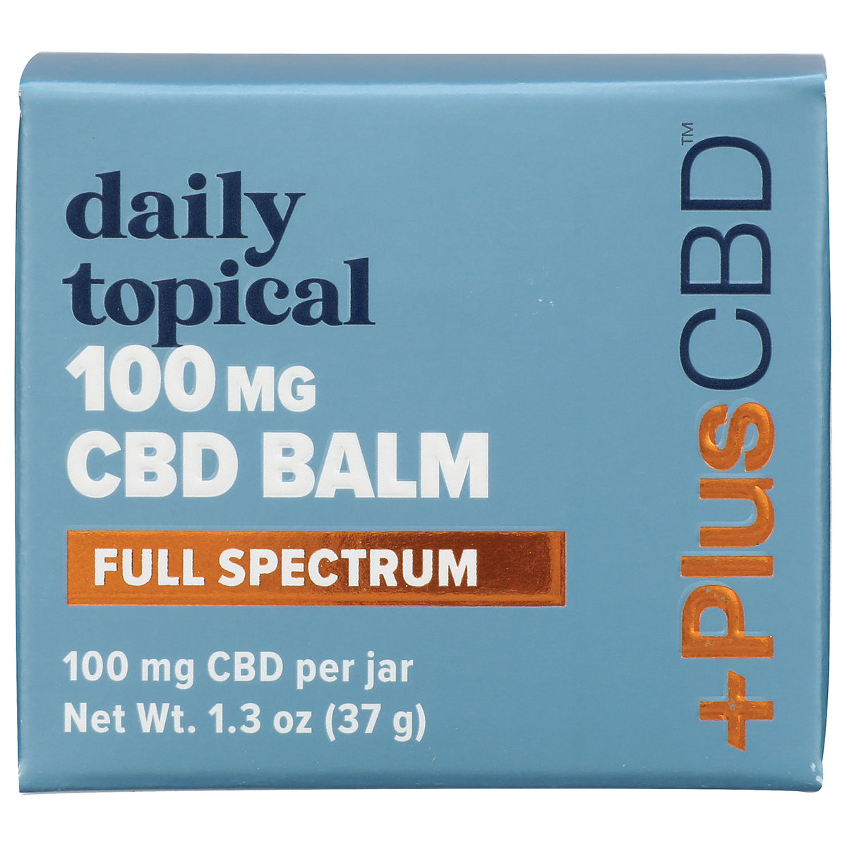 CV001 | Front of box labeled daily topical 100 mg CBD BALM full spectrum, Net Wt 1.3 oz (37 g)