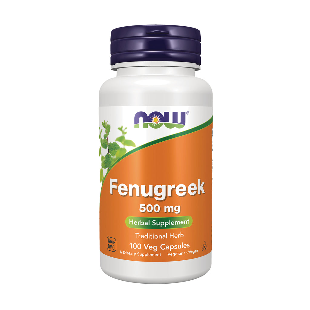 NWF541 | NOW Fenugreek 500 mg herbal supplement bottle, 100 veg capsules orange label - Thumbnail