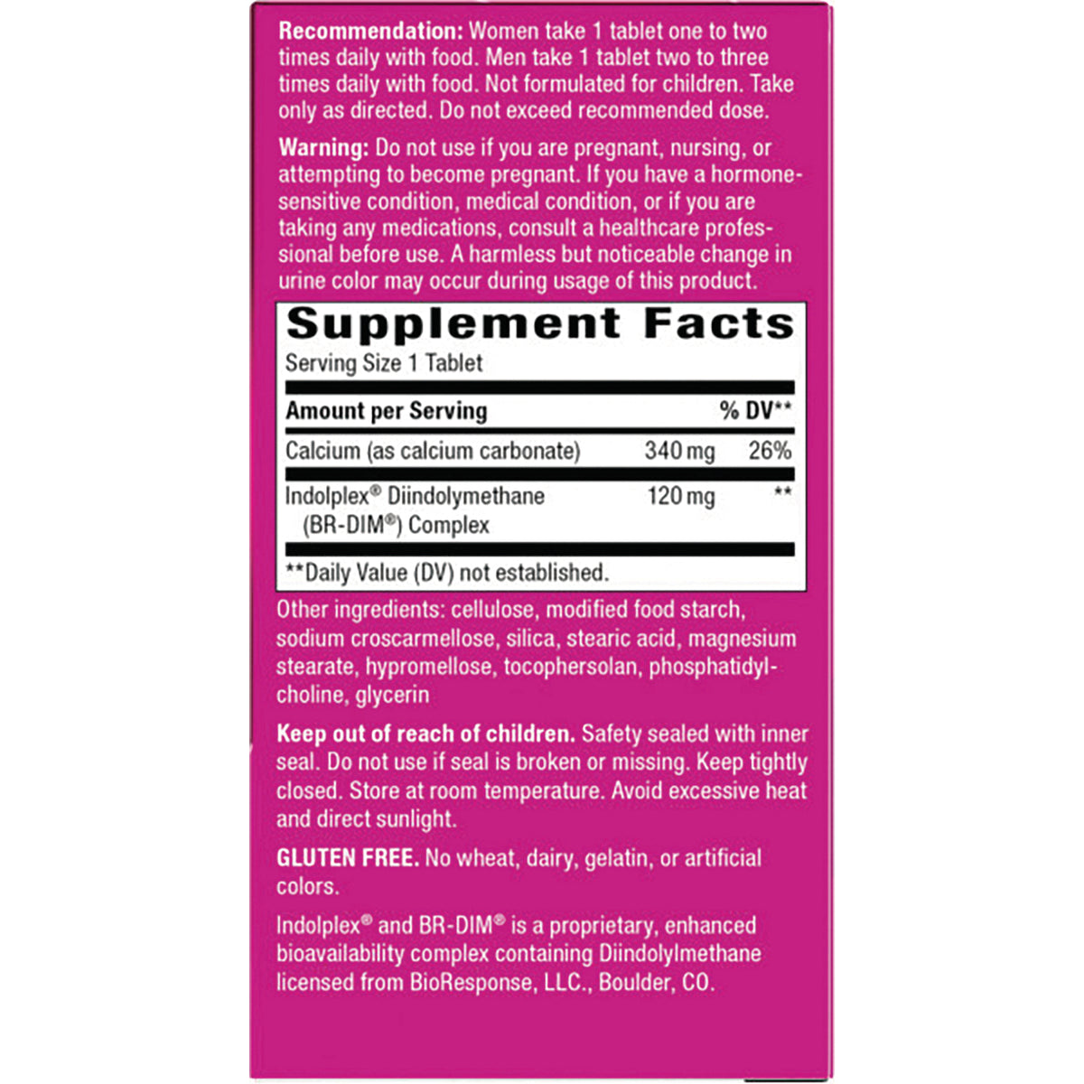 Back label showing supplement facts panel, serving size, ingredient list, warnings, and gluten free statement