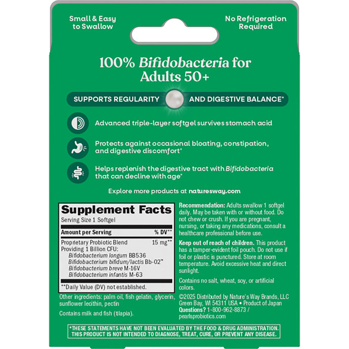 ET467 | Back of green supplement package showing '100% Bifidobacteria for Adults 50+', supplement facts panel, and directions